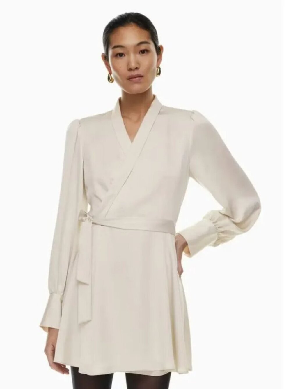 New Aritzia Babaton Hyde satin bishop long sleeve wrap style v-neck minidress - Picture 2 of 16